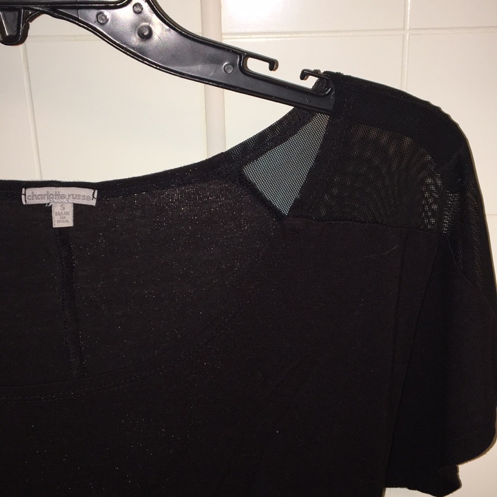 Charlotte Russe Women’s Black Short Sleeve Tee-Shirt | Sheer Shoulders - Picture 2 of 5